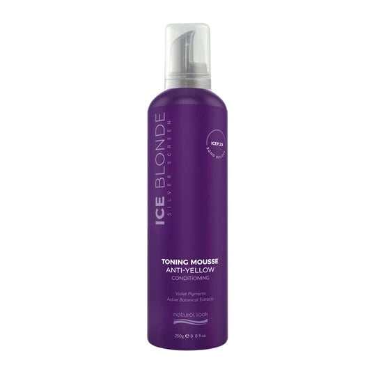 Ice Blonde Anti-Yellow Toning Mousse counteracts and neutralises unwanted yellow gold and brassy tones often evident in blonde, bleached or grey hair types. 